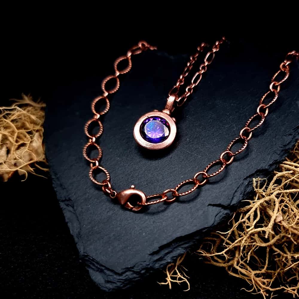 Metal Copper Pendant with Violet CZ on Copper chain Pendant SweetyBijou Jewelry