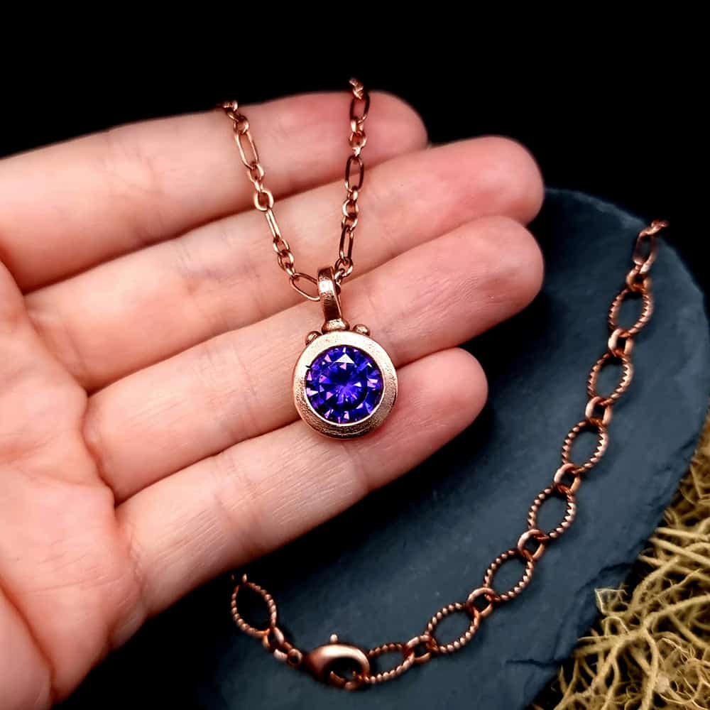 Metal Copper Pendant with Violet CZ on Copper chain Pendant SweetyBijou Jewelry