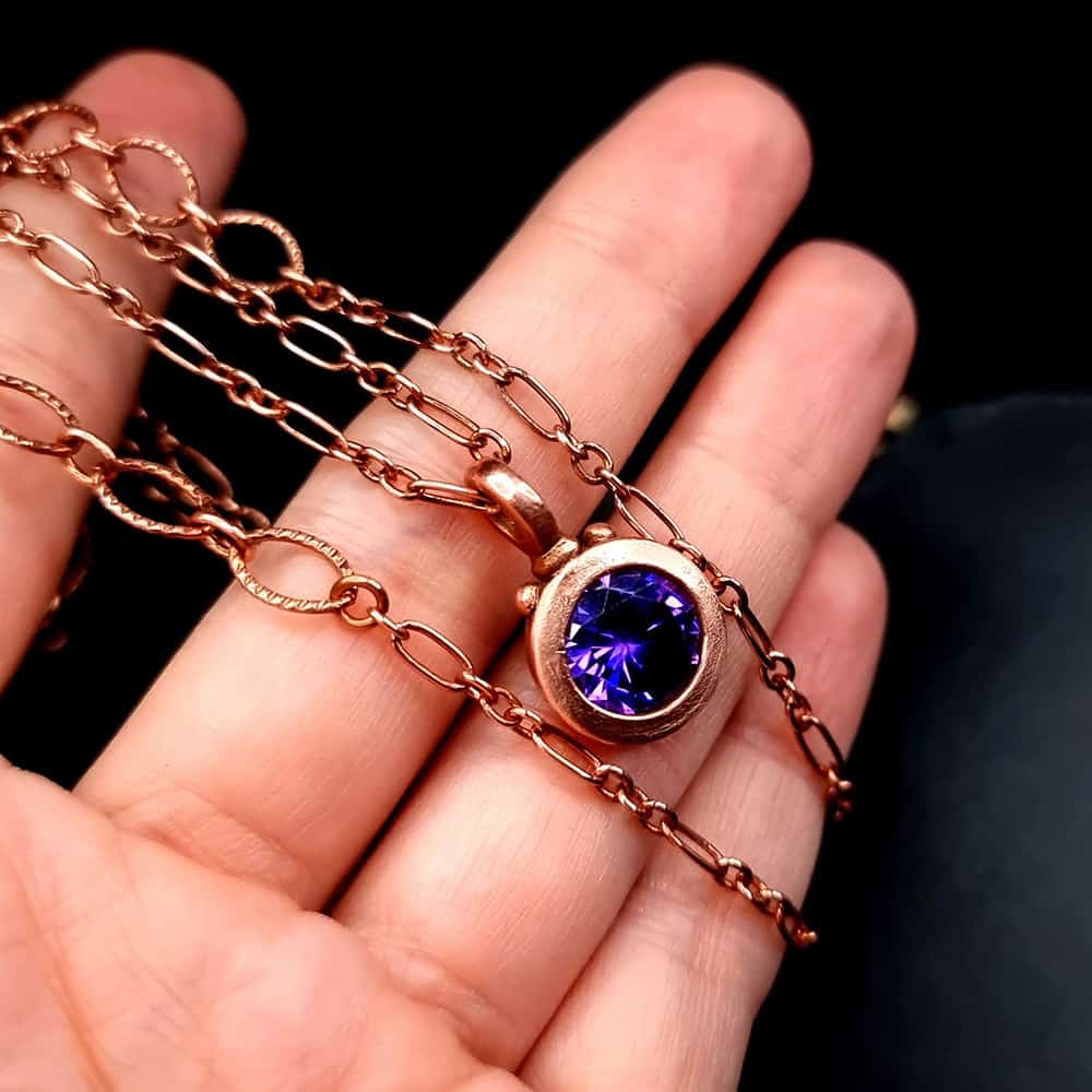 Metal Copper Pendant with Violet CZ on Copper chain Pendant SweetyBijou Jewelry