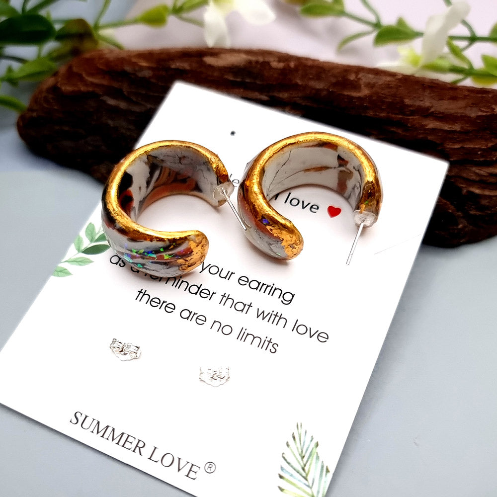 Huggie Earrings - Marble, Opal and Gold