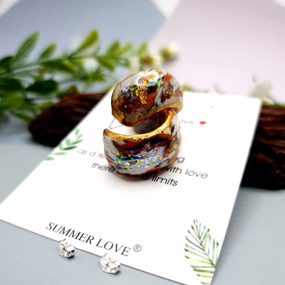 Huggie Earrings - Marble, Opal and Gold