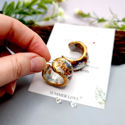 Huggie Earrings - Marble, Opal and Gold