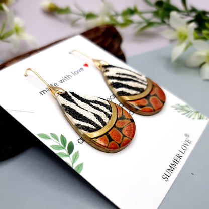 Drops Earrings with Zebra Print with Red Accent