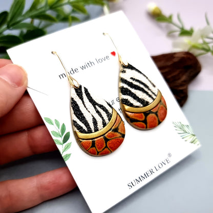 Drops Earrings with Zebra Print with Red Accent