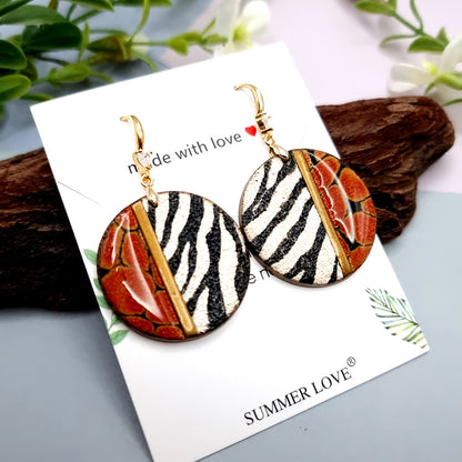 Round Earrings, Zebra with Red Accent