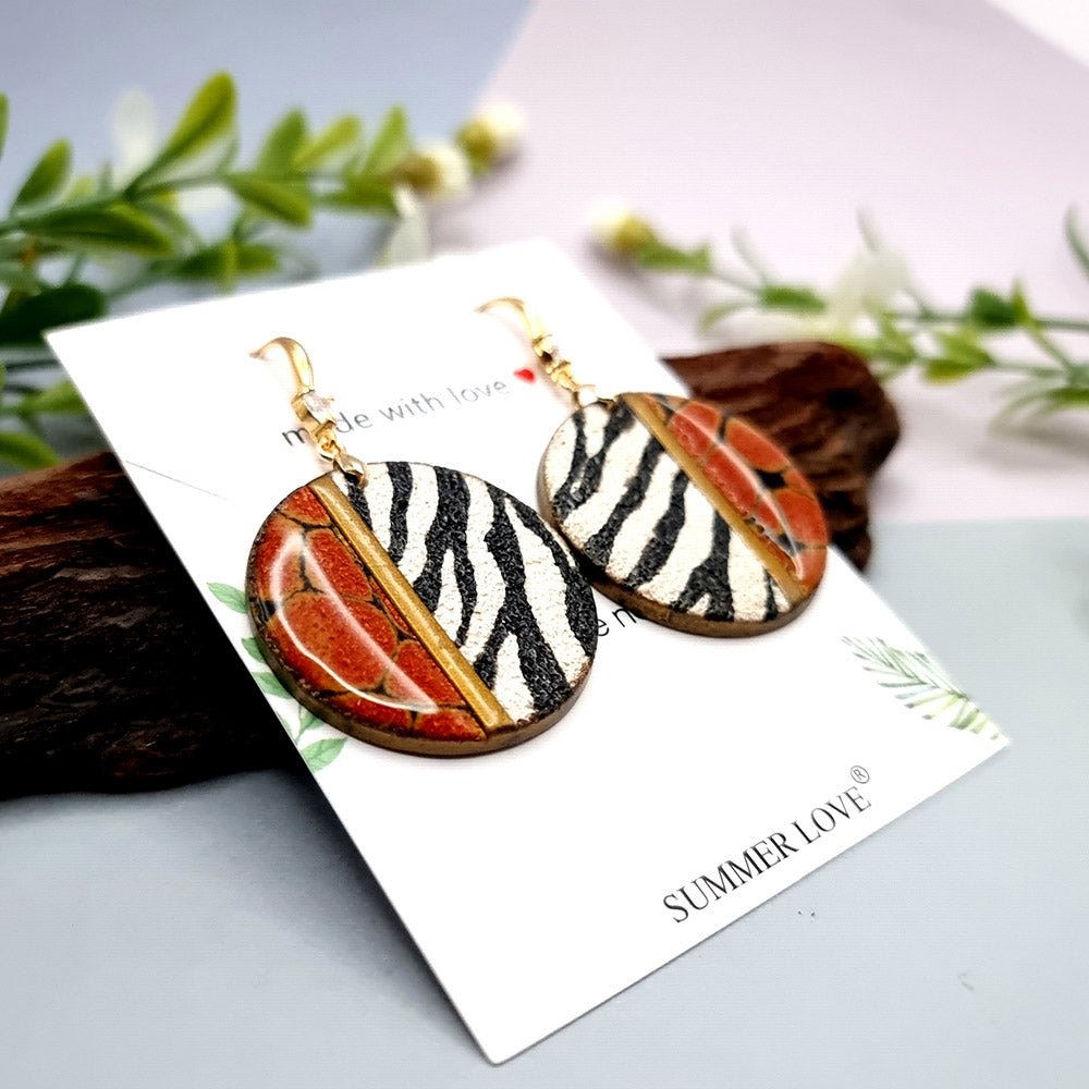 Round Earrings, Zebra with Red Accent