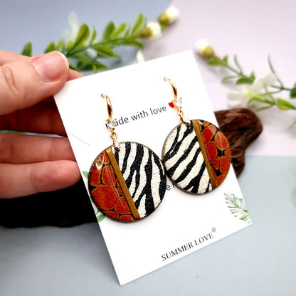 Round Earrings, Zebra with Red Accent