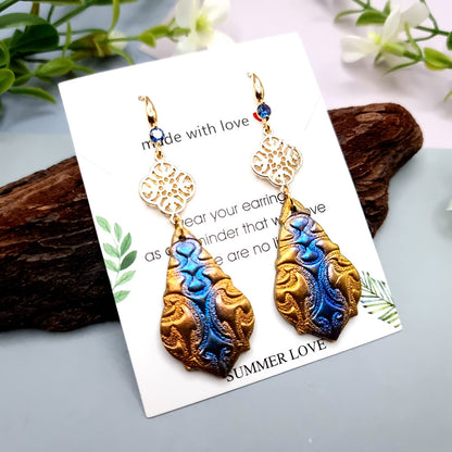 Long Earrings with Blue and Gold Accent