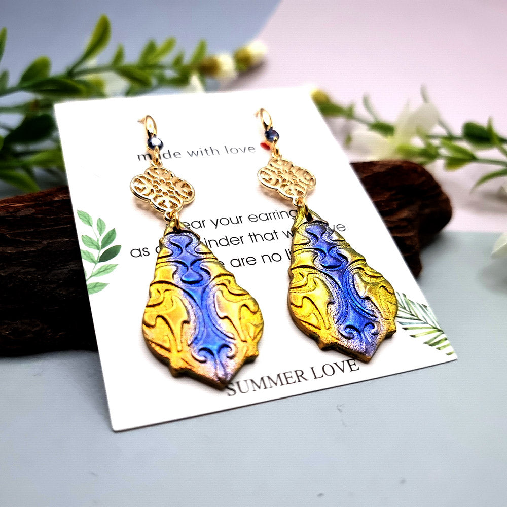 Long Earrings with Blue and Gold Accent