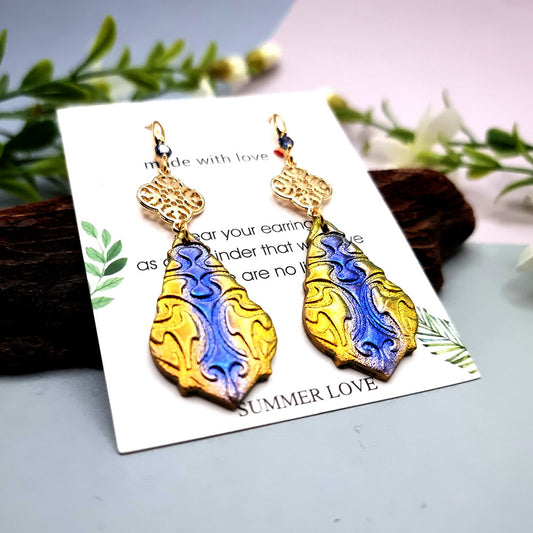 Long Earrings with Blue and Gold Accent