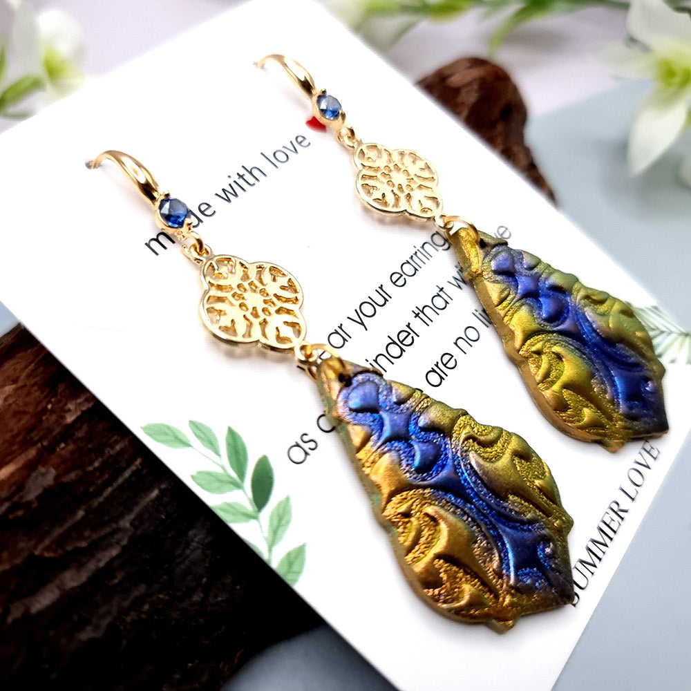 Long Earrings with Blue and Gold Accent