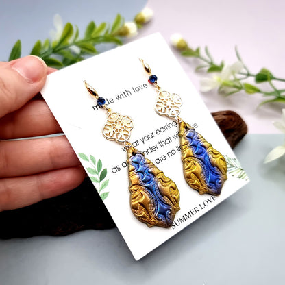 Long Earrings with Blue and Gold Accent