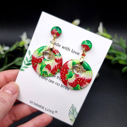 Round Strawberry Earrings Studs with Bees