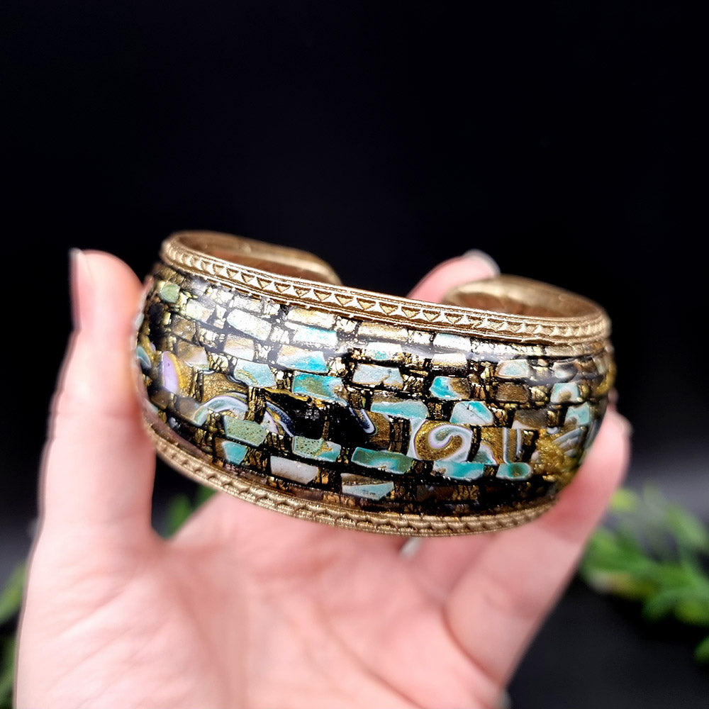Bluish Mosaic with Gold Foils Polymer Clay Bracelet