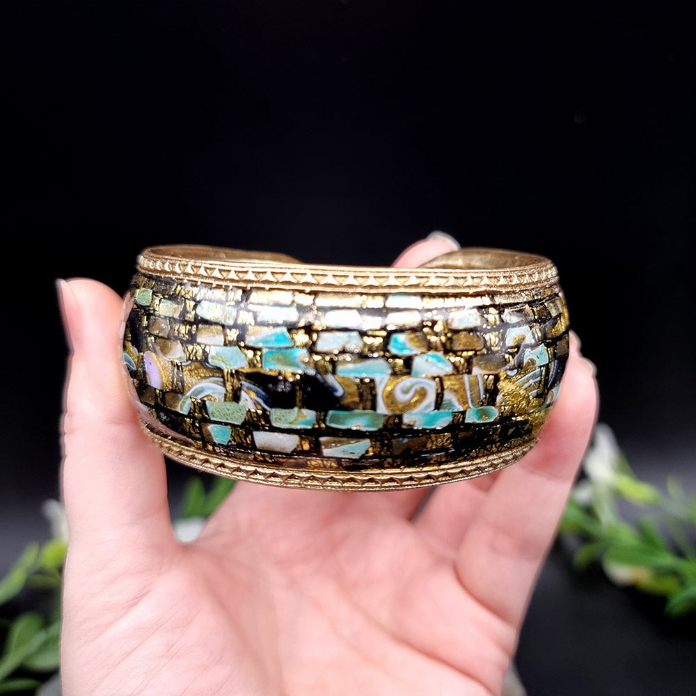 Bluish Mosaic with Gold Foils Polymer Clay Bracelet