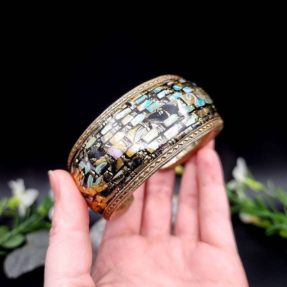 Bluish Mosaic with Gold Foils Polymer Clay Bracelet
