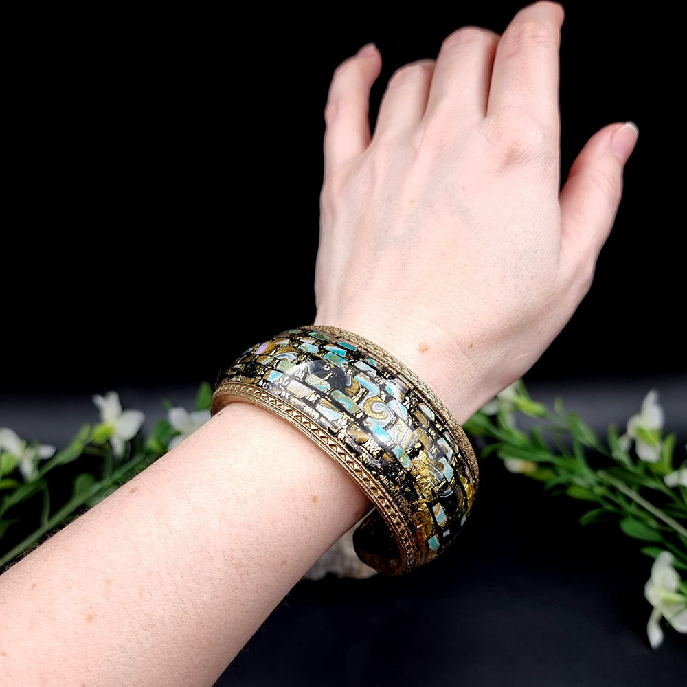 Bluish Mosaic with Gold Foils Polymer Clay Bracelet