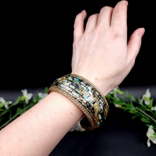 Bluish Mosaic with Gold Foils Polymer Clay Bracelet