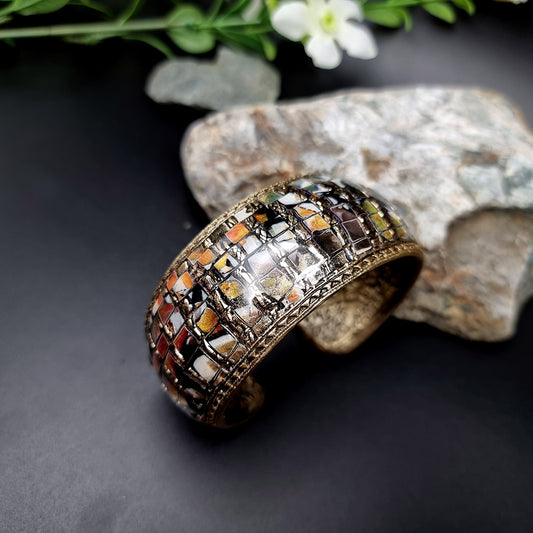 Multicolor Mosaic with Gold Foils Polymer Clay Bracelet