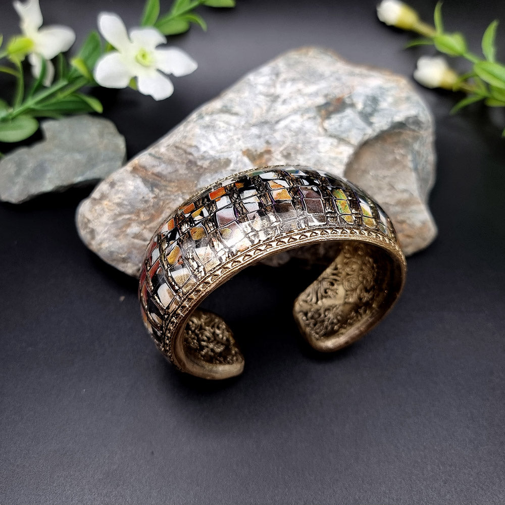 Multicolor Mosaic with Gold Foils Polymer Clay Bracelet