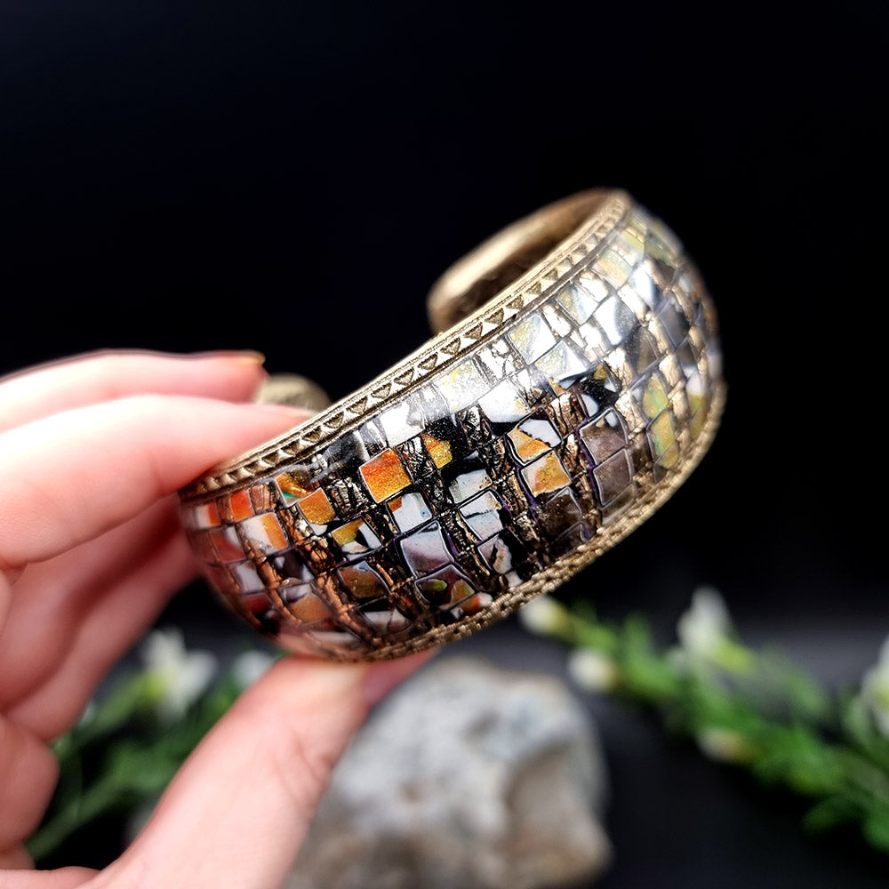 Multicolor Mosaic with Gold Foils Polymer Clay Bracelet