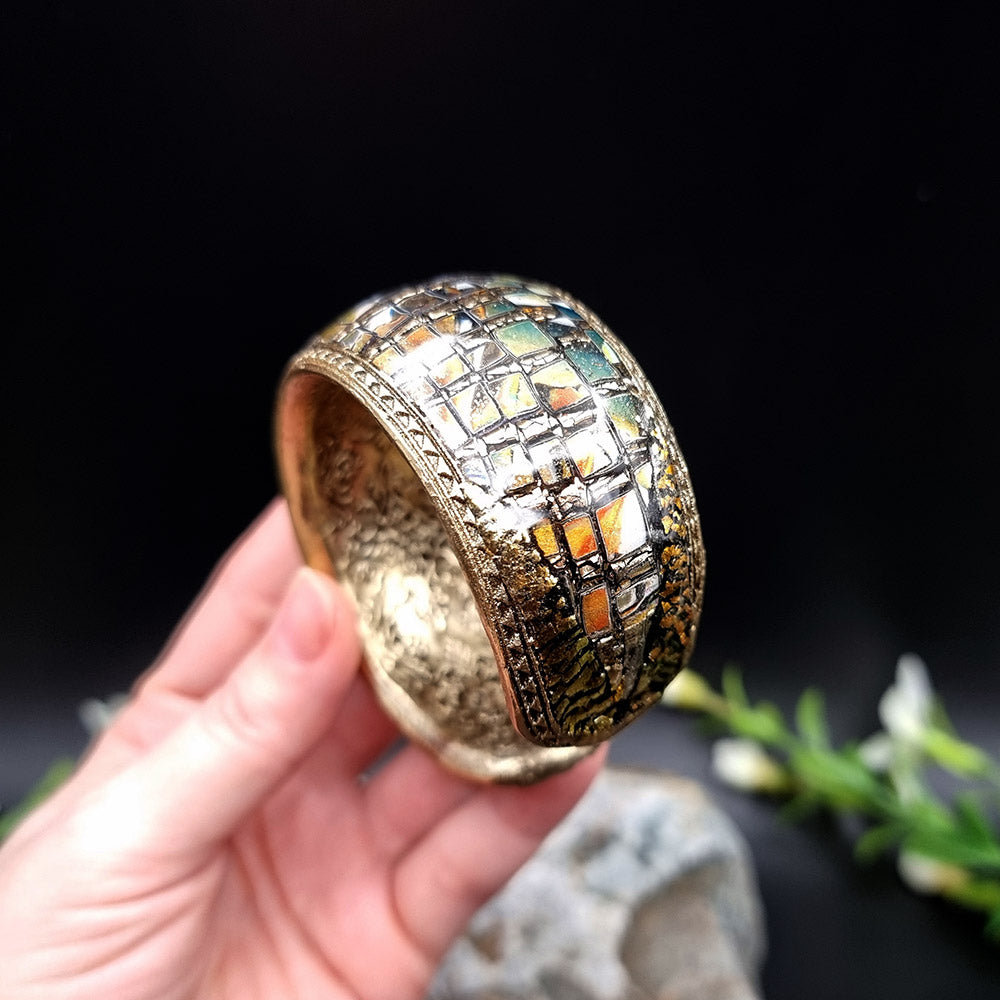 Multicolor Mosaic with Gold Foils Polymer Clay Bracelet