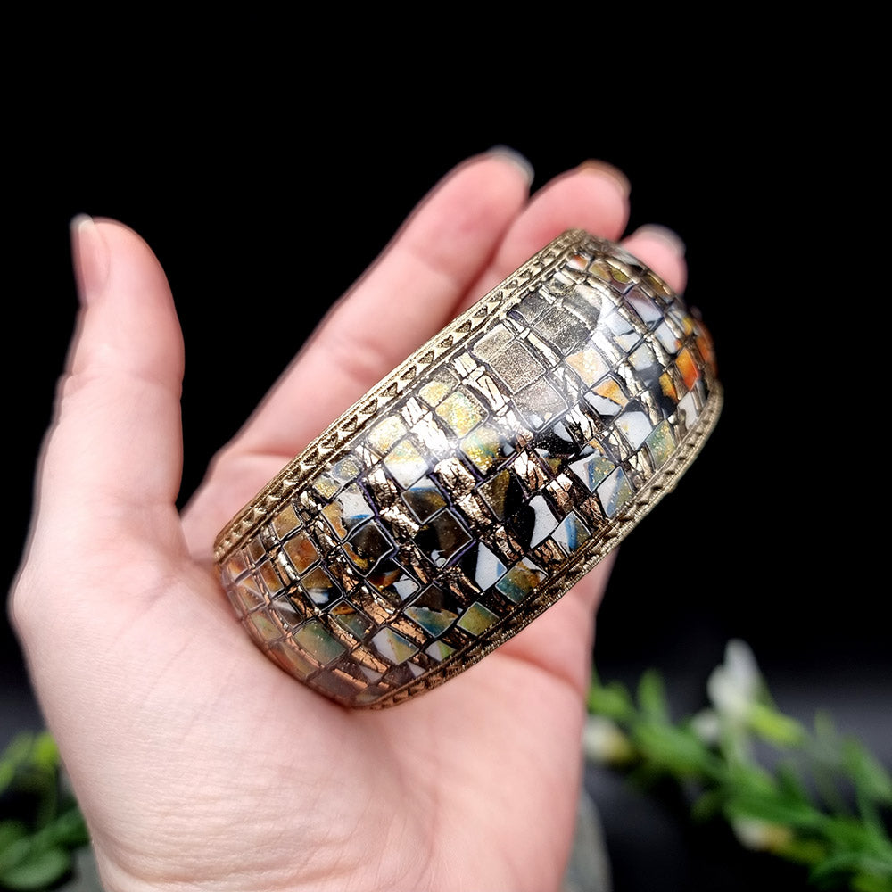 Multicolor Mosaic with Gold Foils Polymer Clay Bracelet