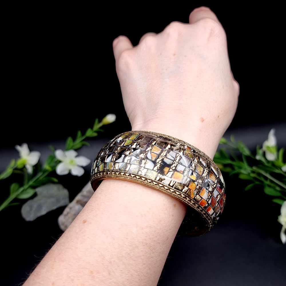 Multicolor Mosaic with Gold Foils Polymer Clay Bracelet