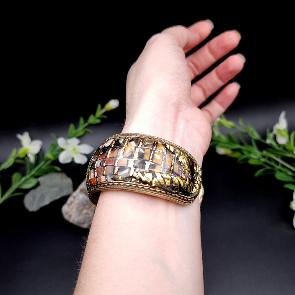 Multicolor Mosaic with Gold Foils Polymer Clay Bracelet