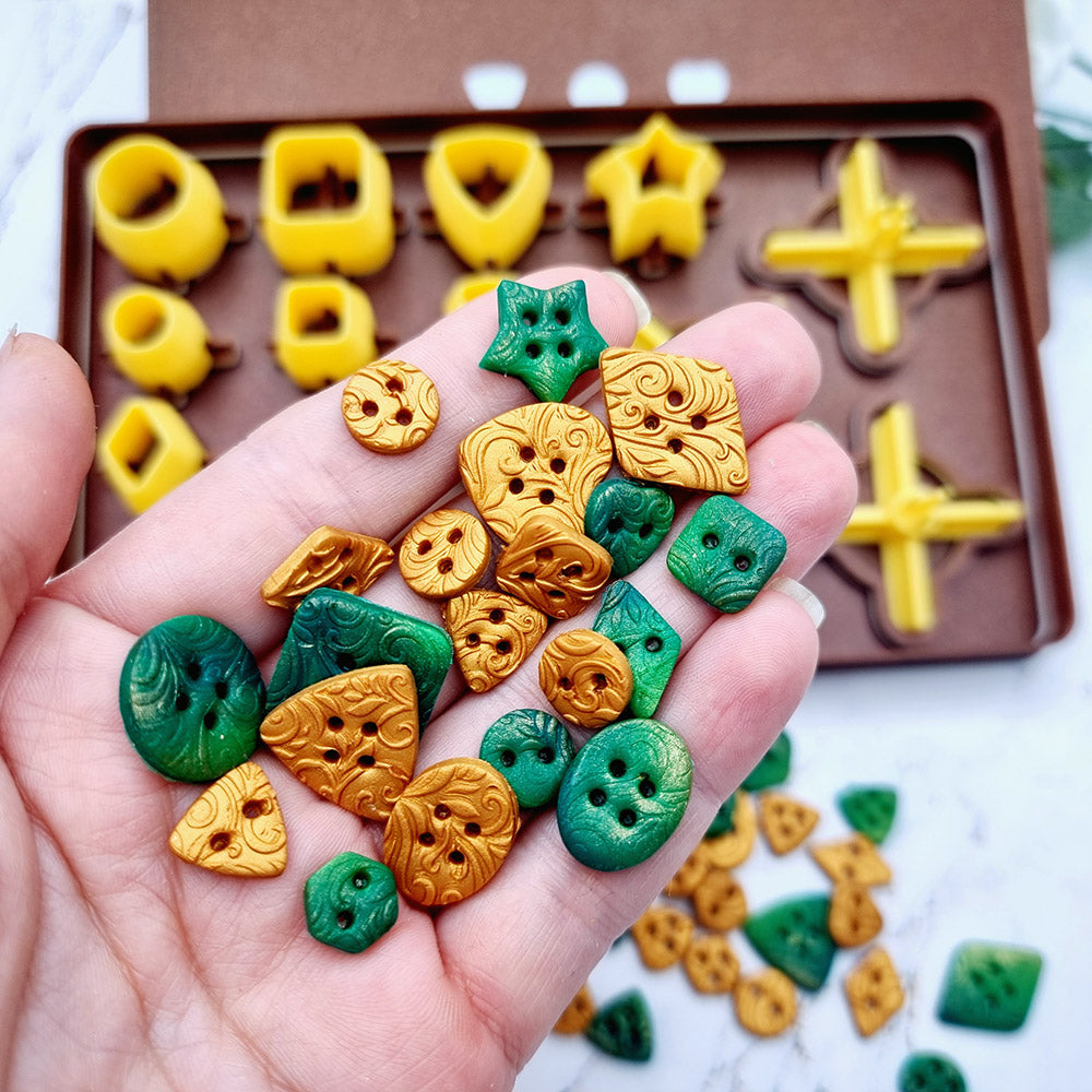 SweetyBijou Buttons Toolkit Set 5 mini polymer clay button maker, 14 shapes and 3 hole parts