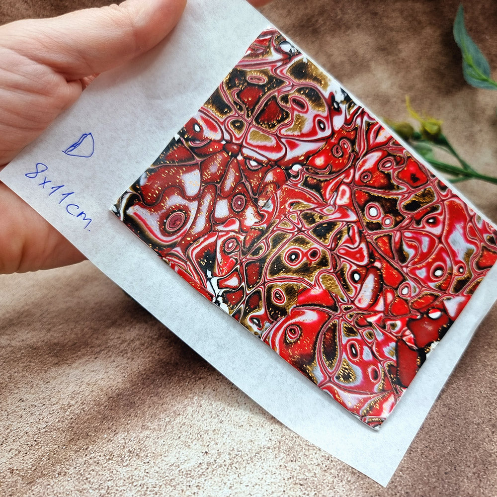 Raw Polymer Clay Veneer (D) "Red and Gold" Mokume Gane