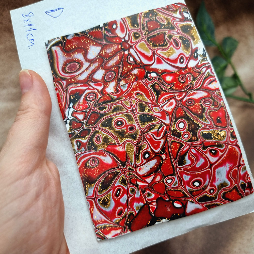 Raw Polymer Clay Veneer (D) "Red and Gold" Mokume Gane