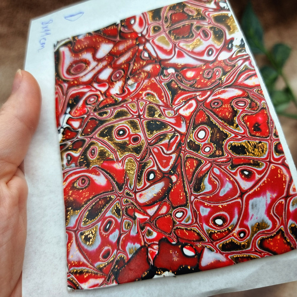 Raw Polymer Clay Veneer (D) "Red and Gold" Mokume Gane