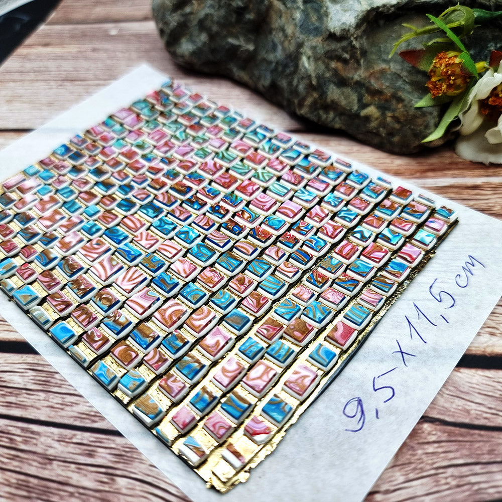 Unique Raw Polymer Clay Veneer - Blue and Pink Mosaic - 9.5x11.5cm #1