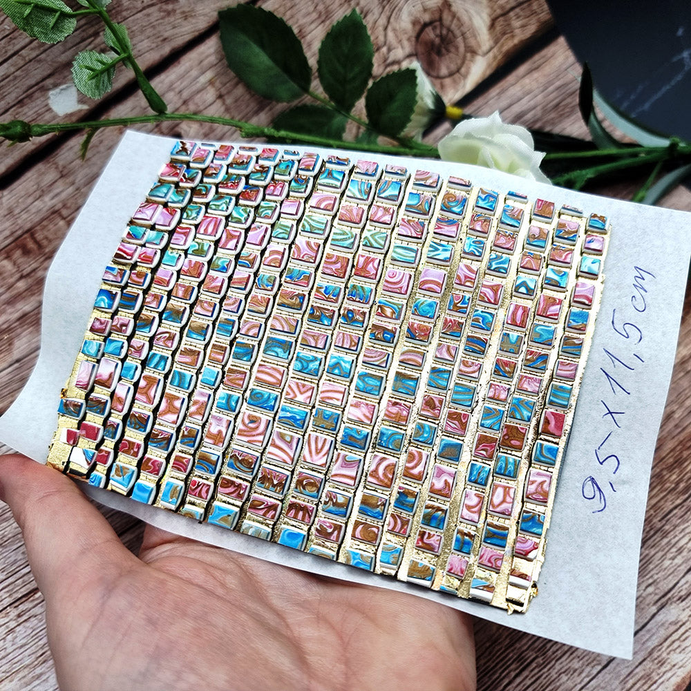 Unique Raw Polymer Clay Veneer - Blue and Pink Mosaic - 9.5x11.5cm #1