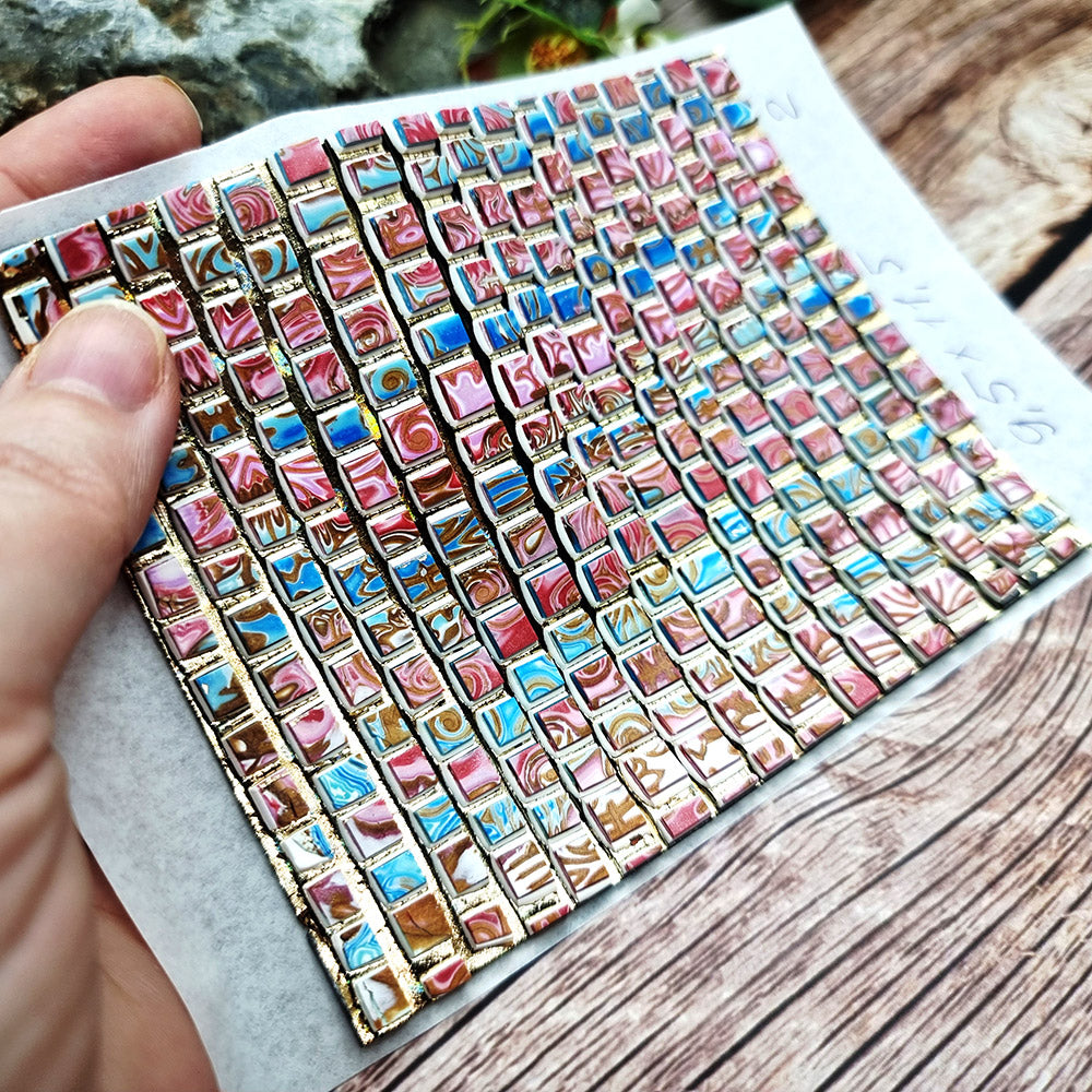 Unique Raw Polymer Clay Veneer - Blue and Pink Mosaic - 9.5x11.5cm #2