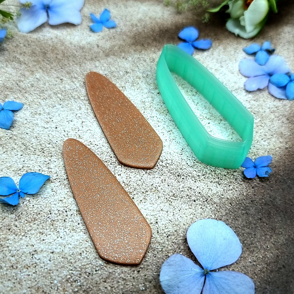 Green PLA angled dagger polymer clay cutter with a slanted base and terracotta clay blade earring pieces by SweetyBijou