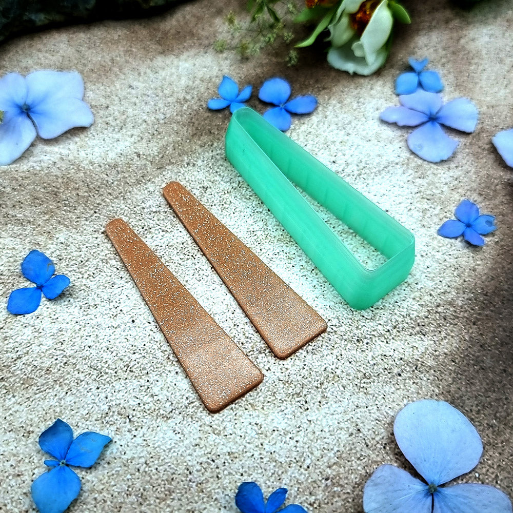Green PLA tapered bar polymer clay cutter with a long straight sided outline and terracotta clay bar earring pieces by SweetyBijou