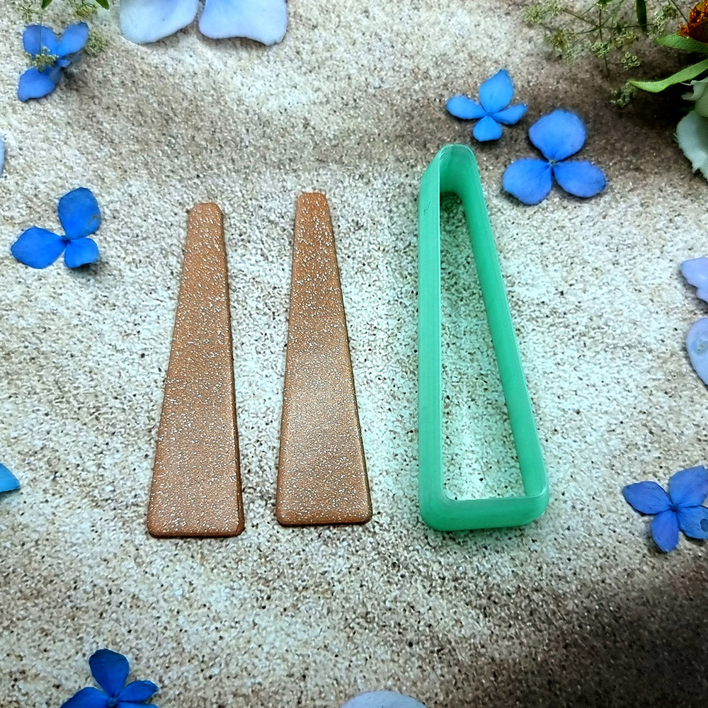 Green PLA tapered bar polymer clay cutter with a long straight sided outline and terracotta clay bar earring pieces by SweetyBijou