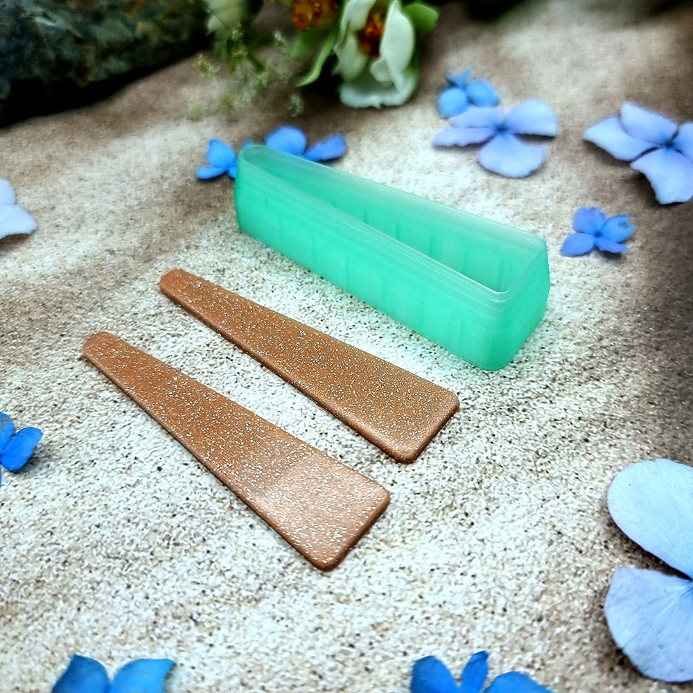 Green PLA tapered bar polymer clay cutter with a long straight sided outline and terracotta clay bar earring pieces by SweetyBijou