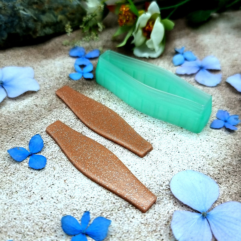 Green PLA faceted shard polymer clay cutter with angled straight edges and terracotta clay shard earring pieces by SweetyBijou