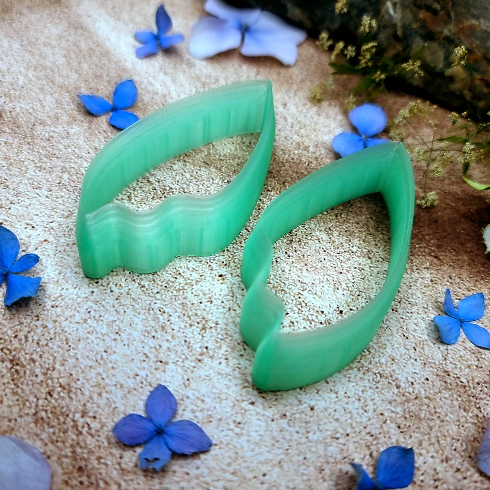 Pair of mirrored green PLA flame petal polymer clay cutters, a left and a right cutter, for long statement earrings by SweetyBijou