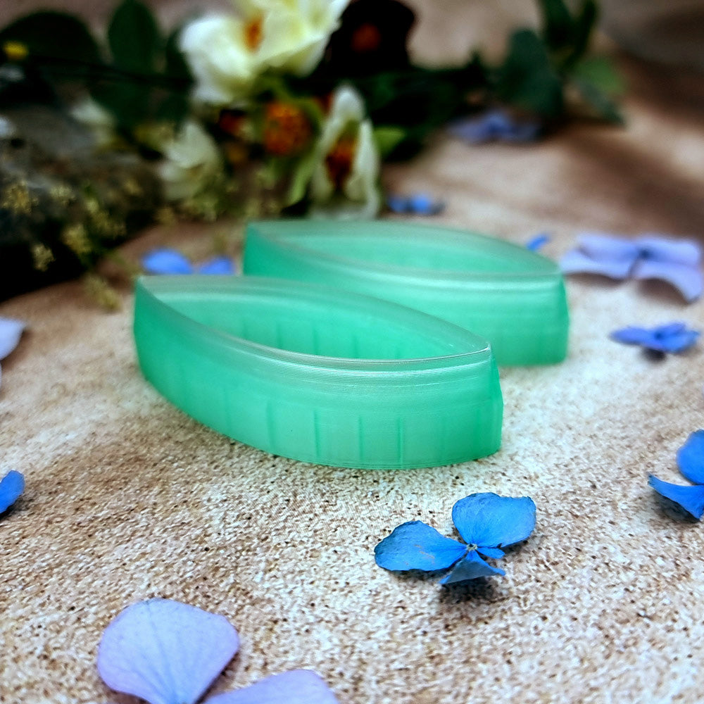 Pair of mirrored green PLA curved leaf polymer clay cutters, a left and a right cutter, for long statement earrings by SweetyBijou