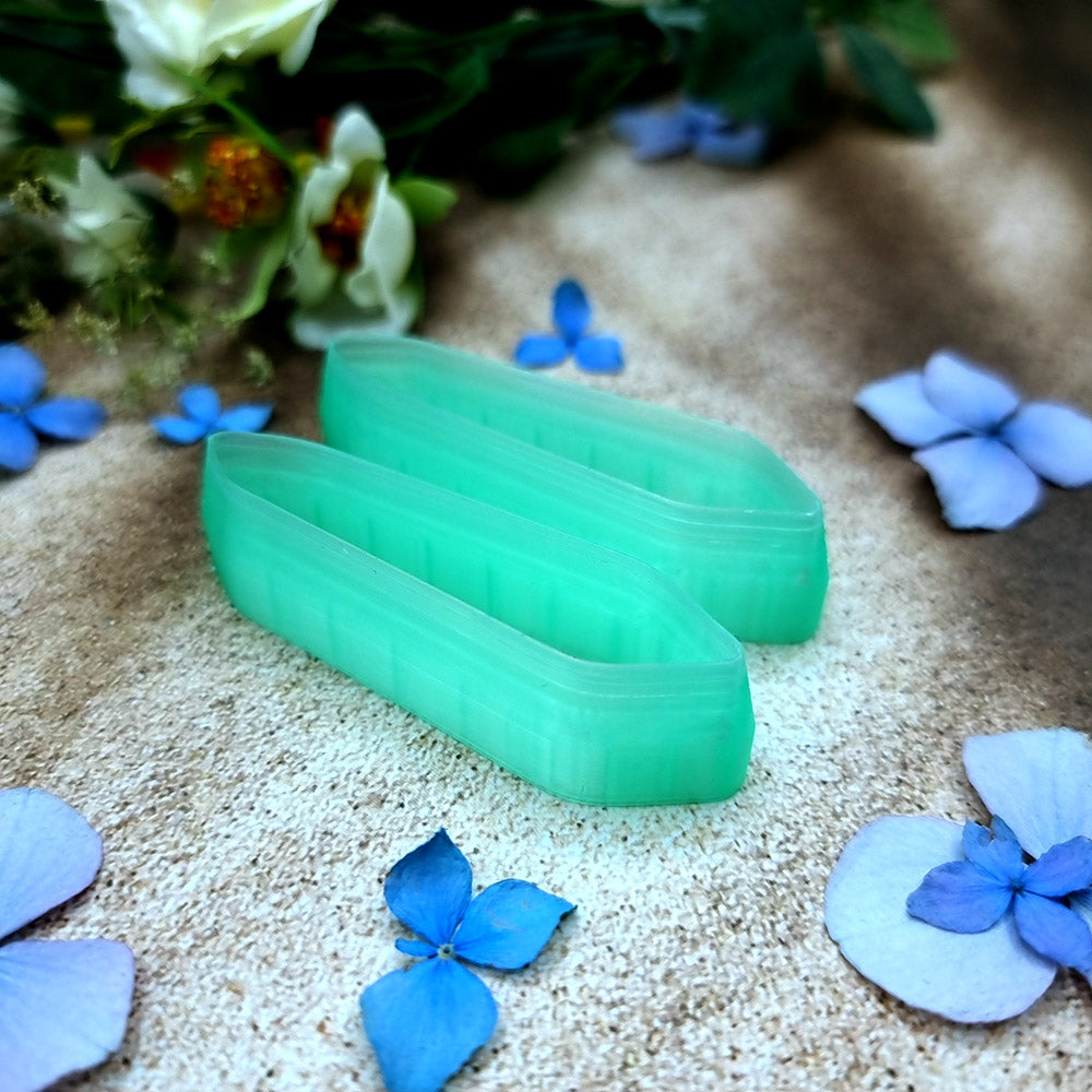 Pair of mirrored green PLA chisel quill polymer clay cutters, a left and a right cutter, for long statement earrings by SweetyBijou