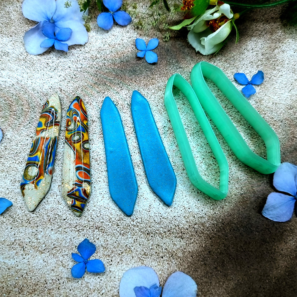 Pair of mirrored green PLA chisel quill polymer clay cutters, a left and a right cutter, for long statement earrings by SweetyBijou
