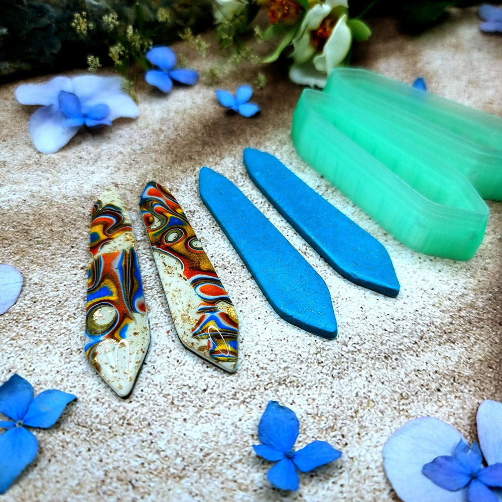 Pair of mirrored green PLA chisel quill polymer clay cutters, a left and a right cutter, for long statement earrings by SweetyBijou