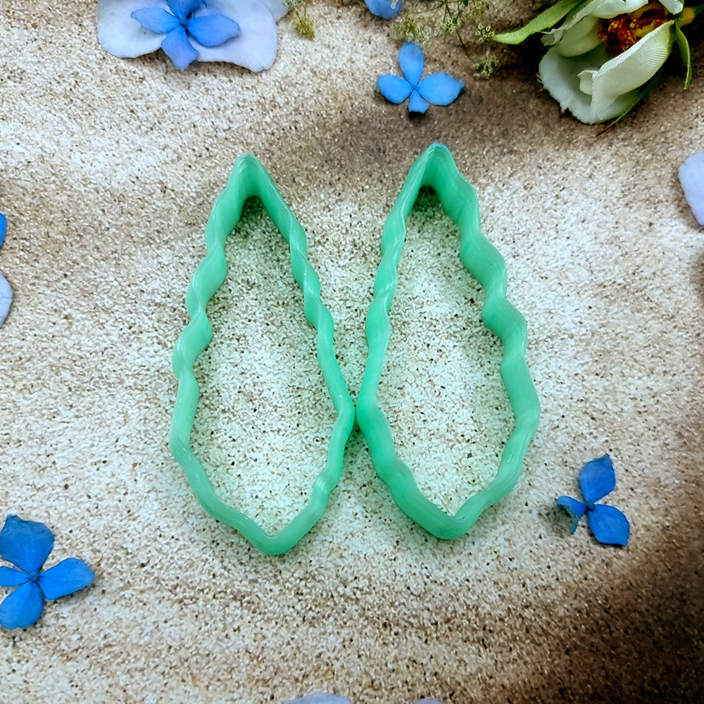 Pair of mirrored green PLA scalloped leaf polymer clay cutters, a left and a right cutter, for long statement earrings by SweetyBijou