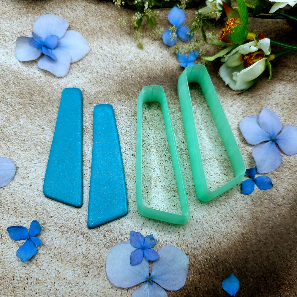 Pair of mirrored green PLA slanted bar polymer clay cutters, a left and a right cutter, for long statement earrings by SweetyBijou