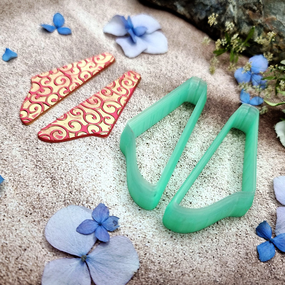 Pair of mirrored green PLA swoosh wing polymer clay cutters, a left and a right cutter, for long statement earrings by SweetyBijou