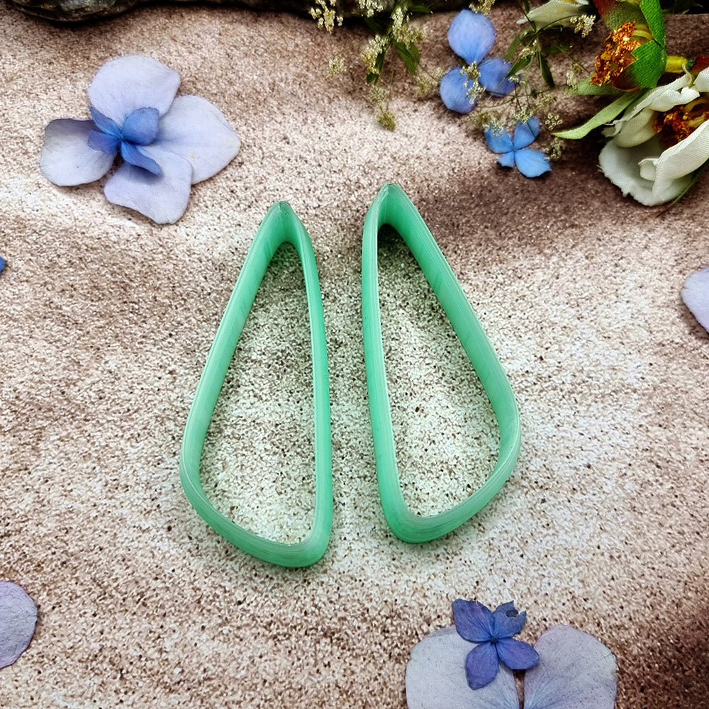 Pair of mirrored green PLA tilted teardrop polymer clay cutters, a left and a right cutter, for long statement earrings by SweetyBijou